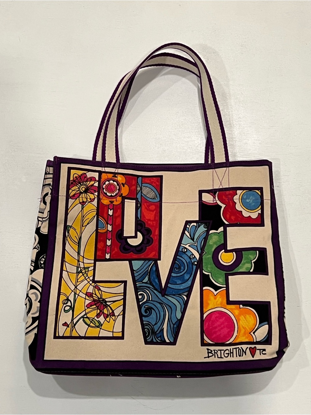 Brighton Multicolor LOVE Canvas Tote with Purple Trim